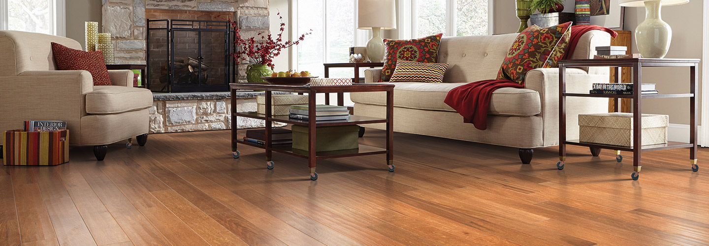 Living room scene with Alexander Smith hardwood flooring.